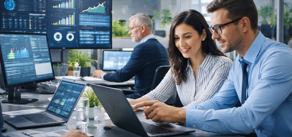 IT support professionals working together to manage business technology systems